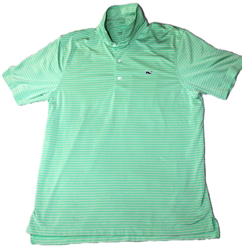 Vineyard Vines Polo Shirt Mens L Green Striped Polyester Classic Collared